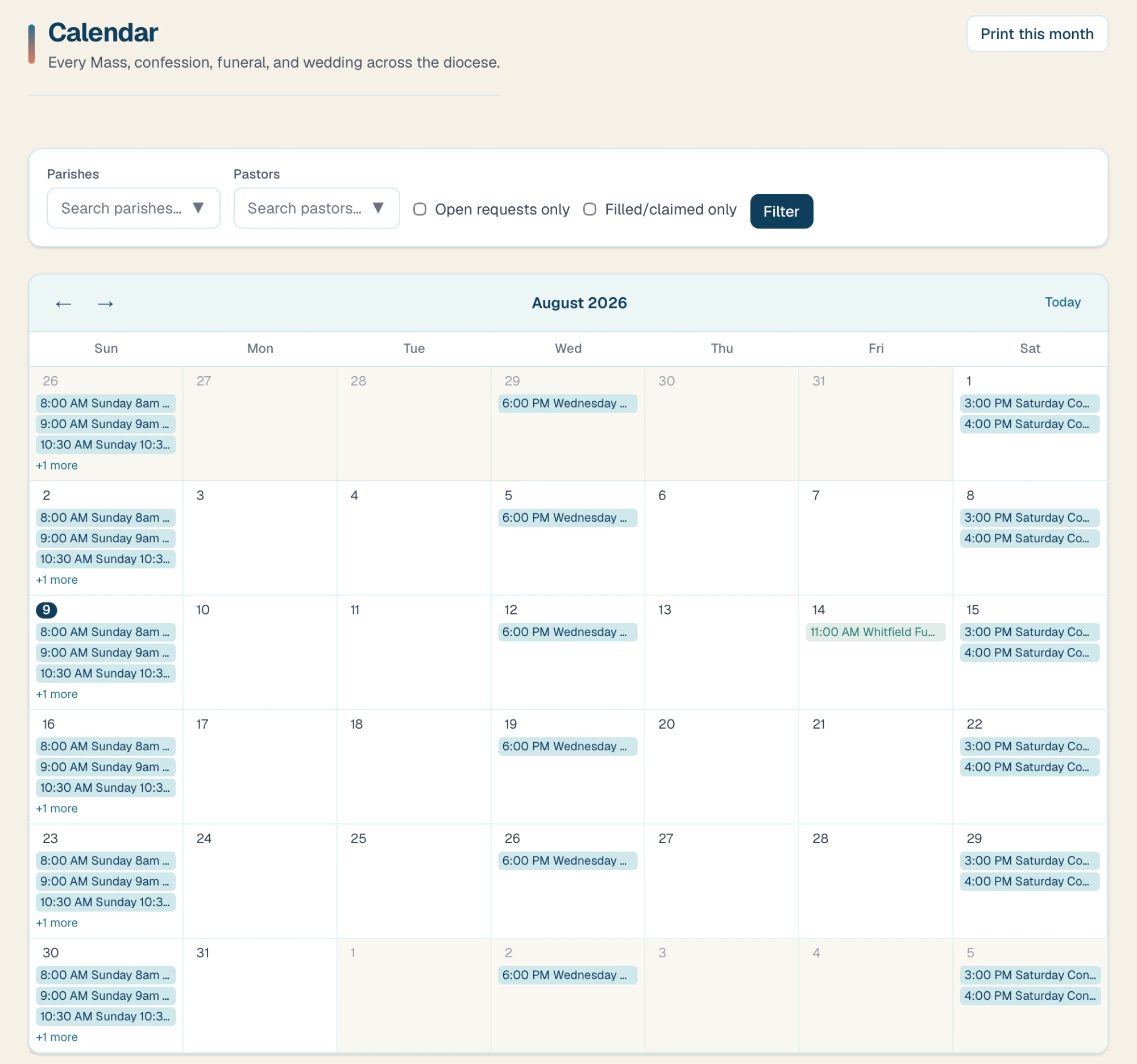 The Calendar page, showing a full month of Masses, confessions, and events across the diocese